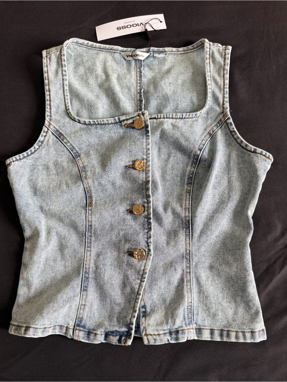 Vigoss Women’s Denim Vest in light Blue Button Front Sleeveless Jean Top Size S
